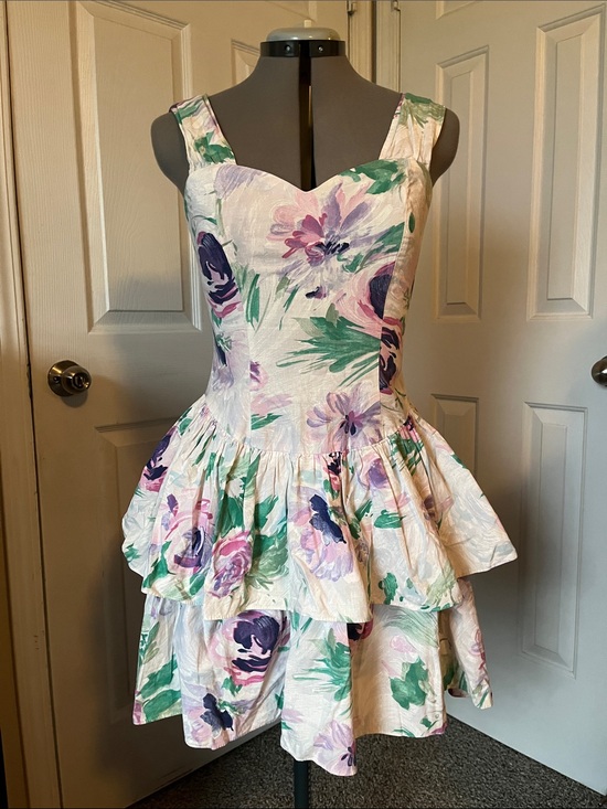 City Triangles Dresses & Skirts - 1980's City Triangles Floral Cotton Mini Dress, Pastel Green & Purple, Size 9